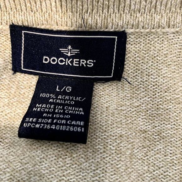 DOCKERS Mens Pullover Knit Oatmeal/Tan Diamond Pattern Soft L/S Sweater Sz L/G - Picture 4 of 5